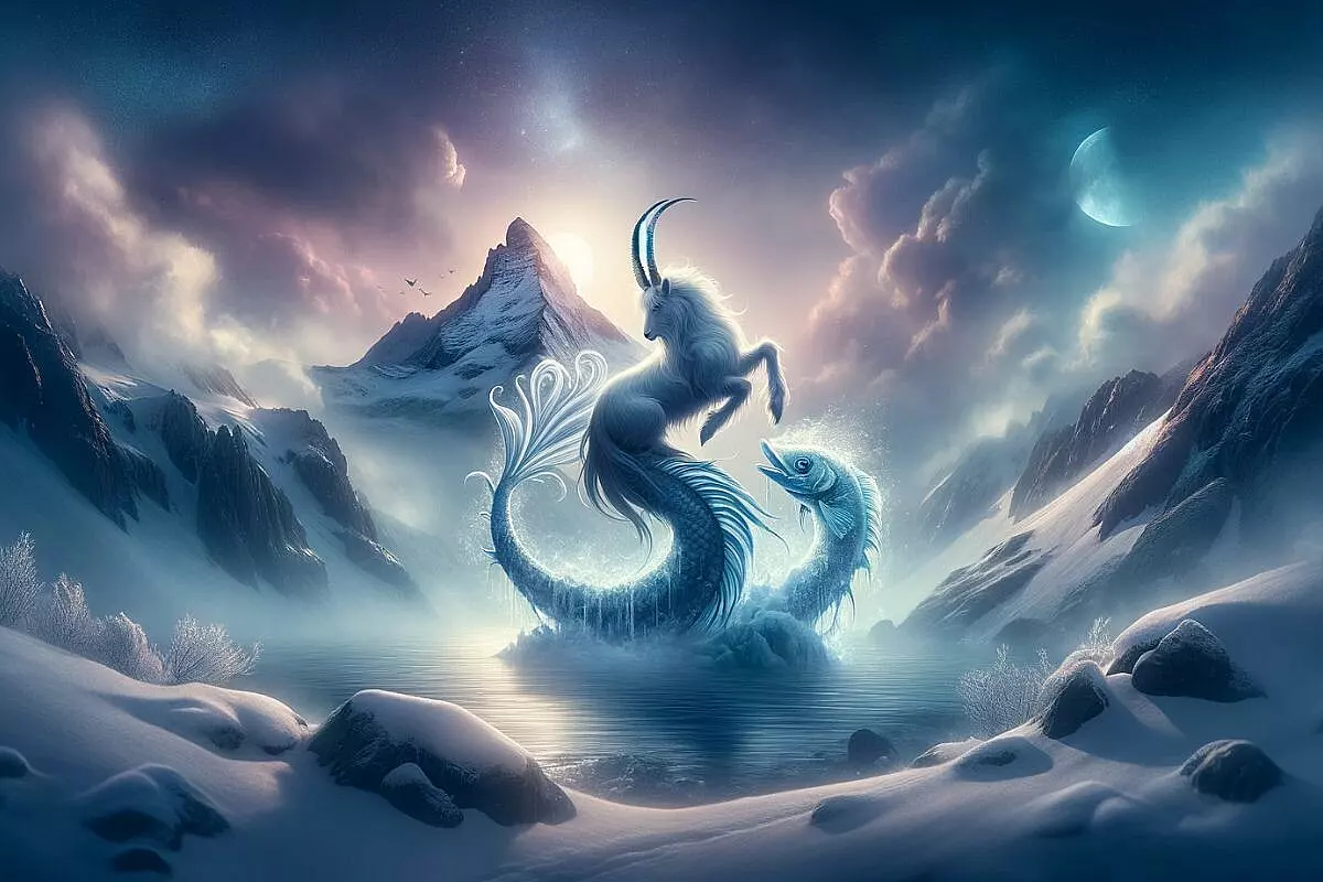 Rappresentazione del segno zodiacale del capricorno, un ibrido fra capra e pesce, su un lago in un ambiente nevoso