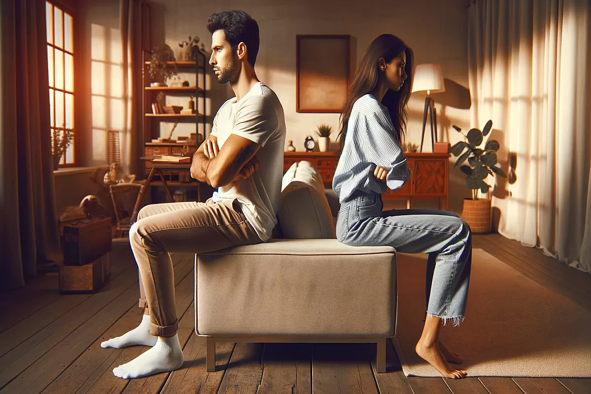 Coppia, uomo e donna seduti sul divano, che rifiutano il confronto
