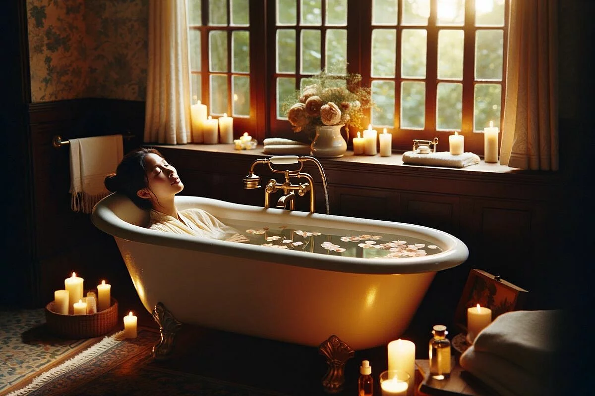 Una donna si rilassa mentre fa un bagno in una vasca da bagno