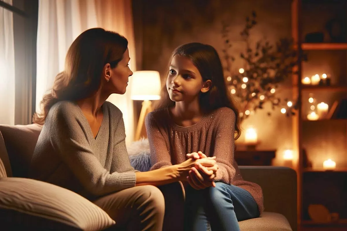 Una madre ed una figlia parlano sul divano