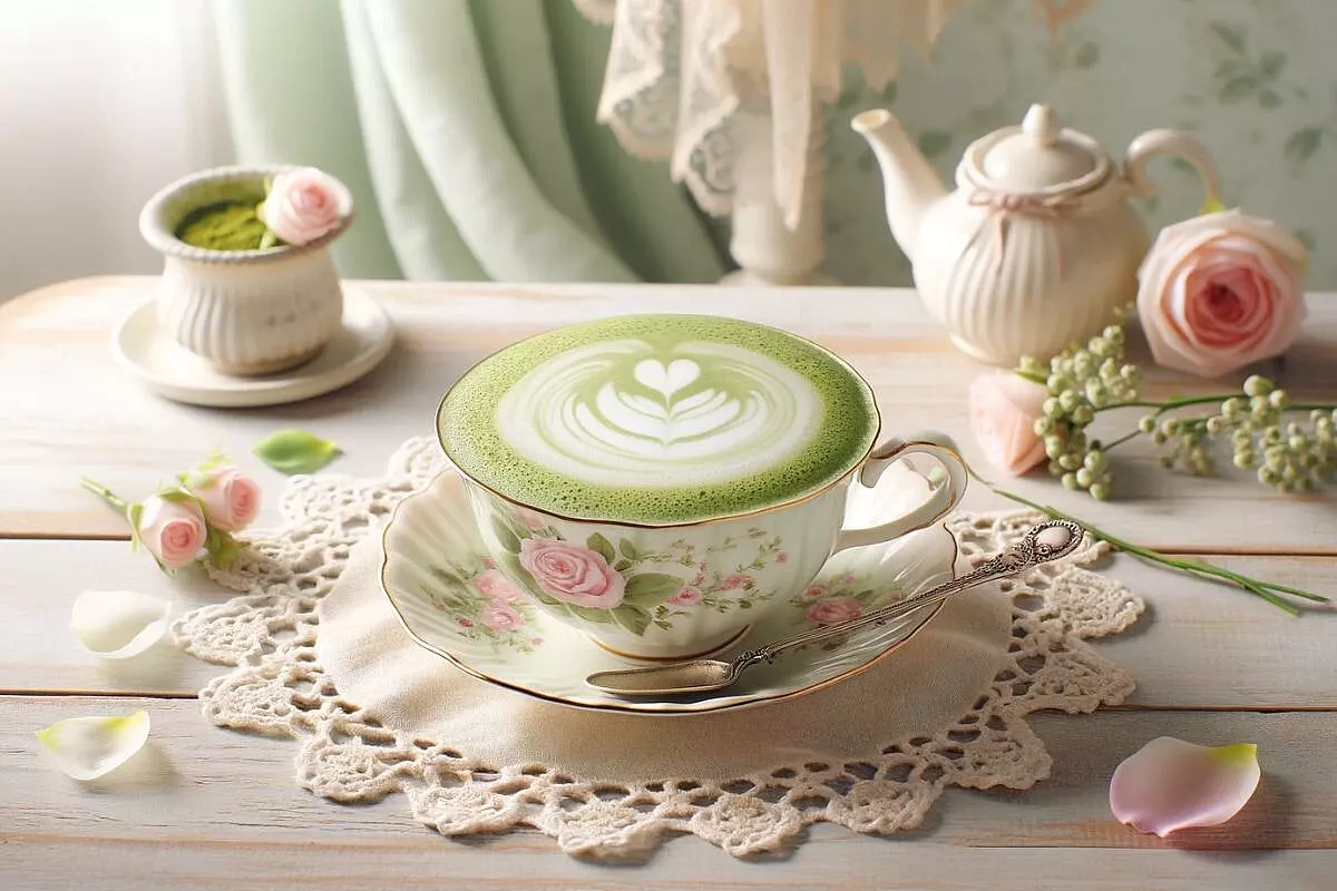 Un elegante matcha latte in una tazza da tè